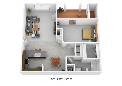 Floor plan for 1 bed, 1 bath, 829 sqft